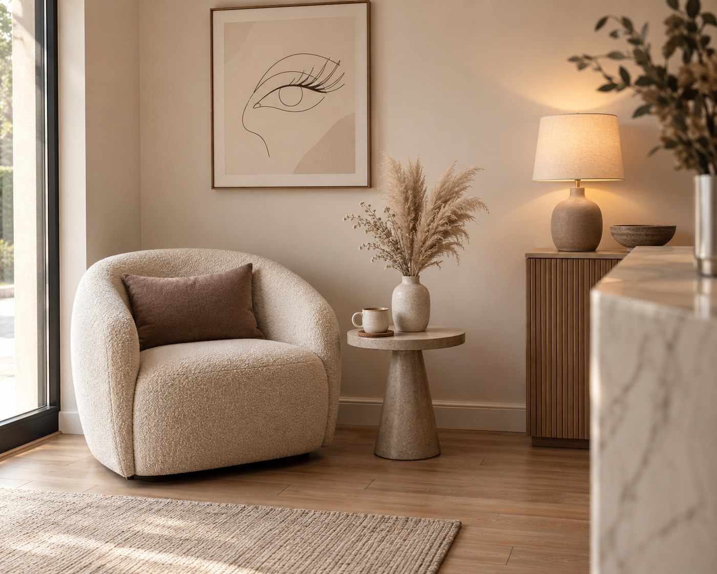 Poltrona bege, mesinha com café e quadro de um olho em traço fino